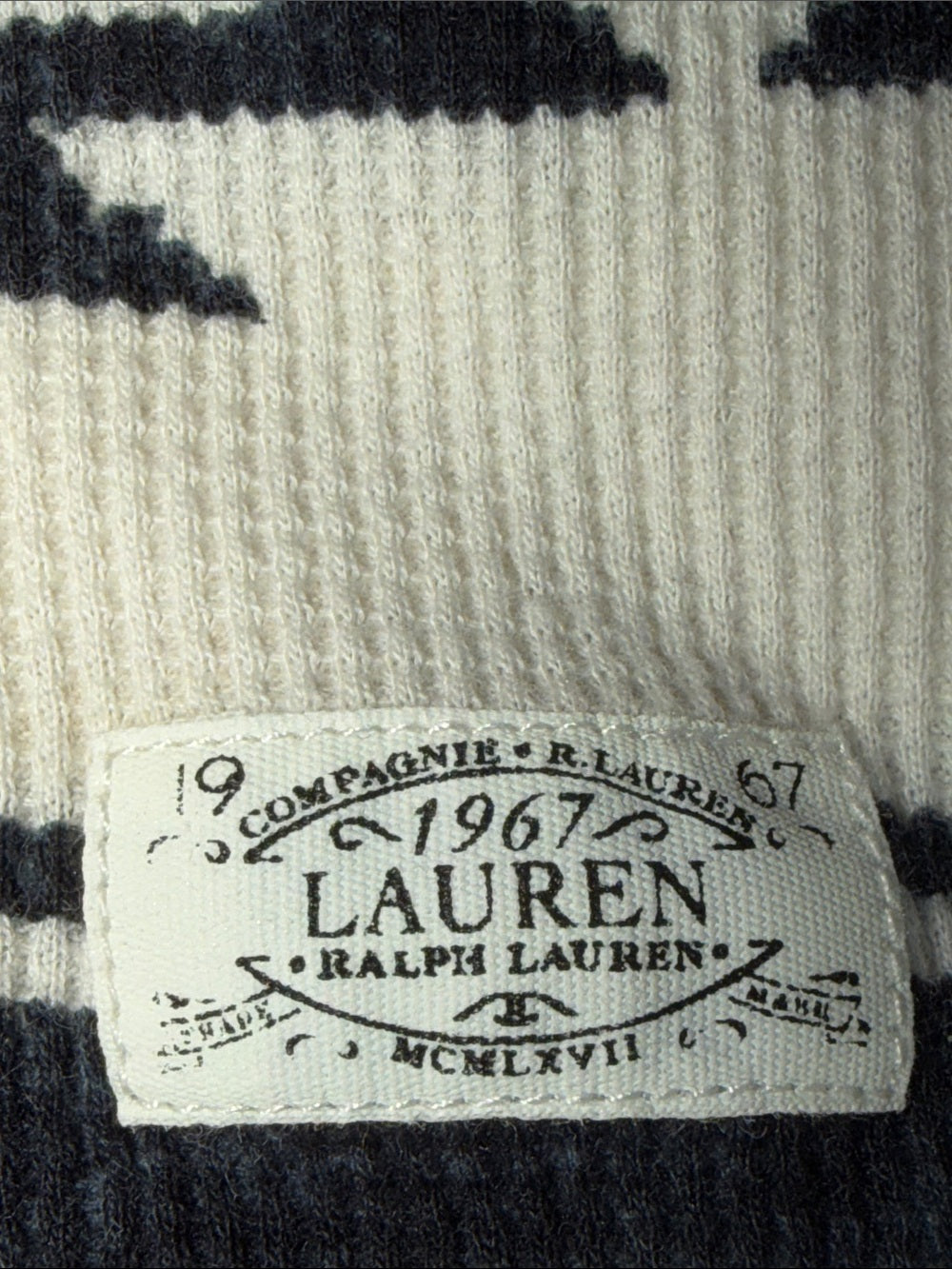 RALPH LAUREN Indigo Blue Cream Thermal Henley Waffle Knit Long Sleeve Top M
