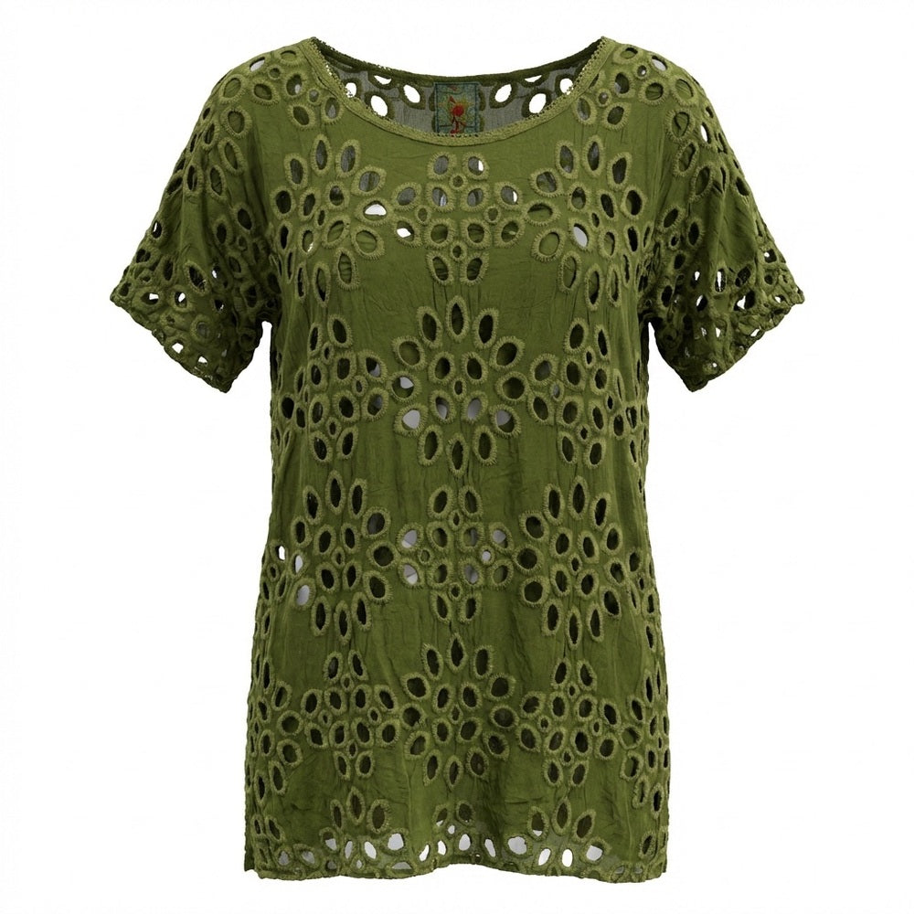 JOHNNY WAS LALLA Green Embroidered Eyelet Tunic Mini Dress Size XS