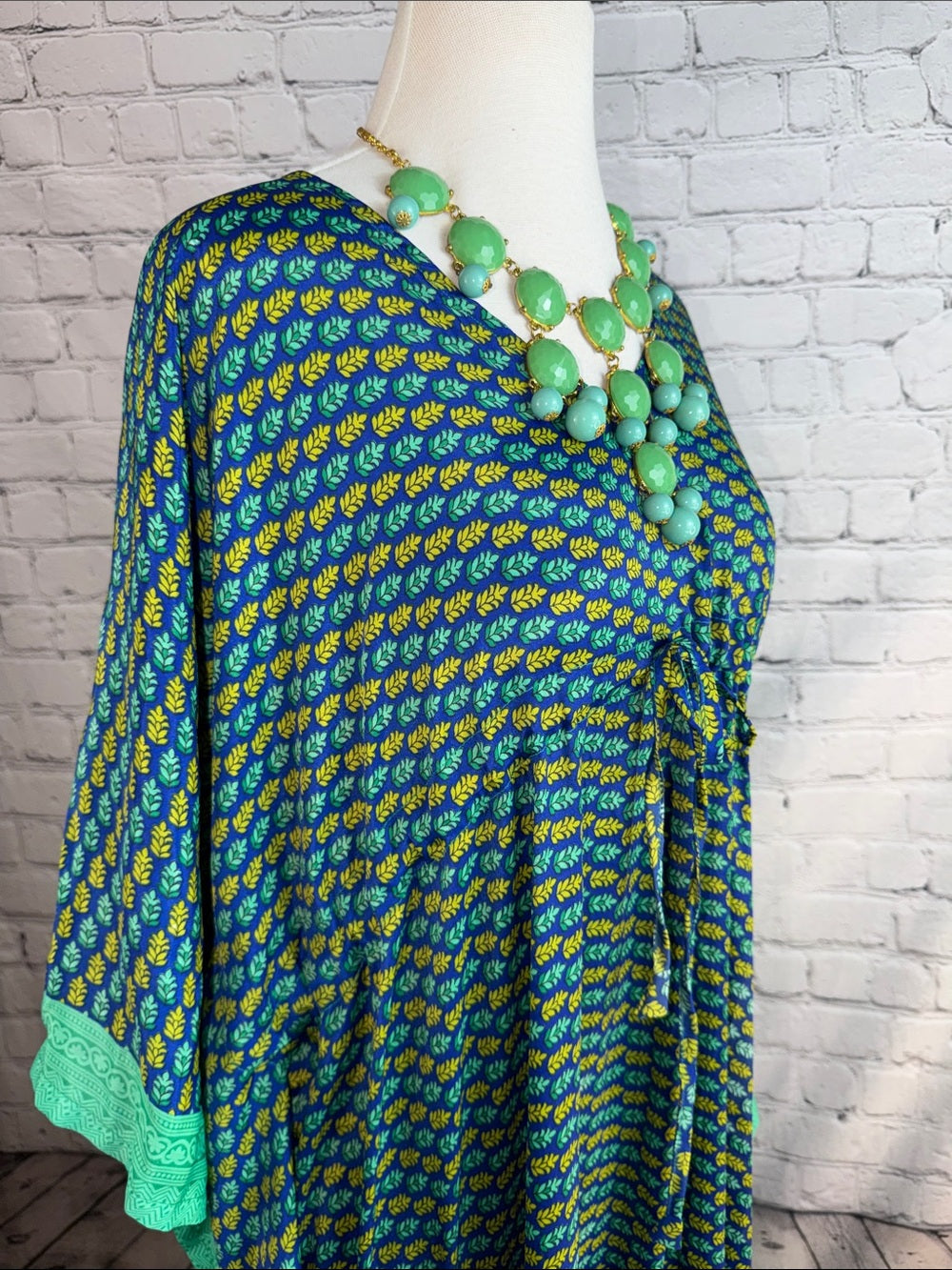 SOL LA VIE Boho Caftan Dress Blue Aqua Green Printed Resort Cover Up