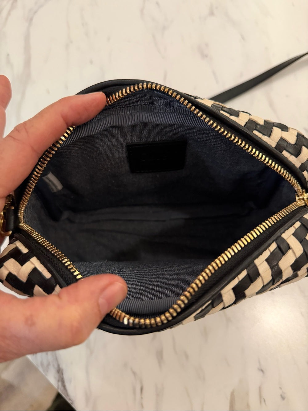 CLARE V Midi Sac Bag Black & Cream Woven Crossbody Pouch