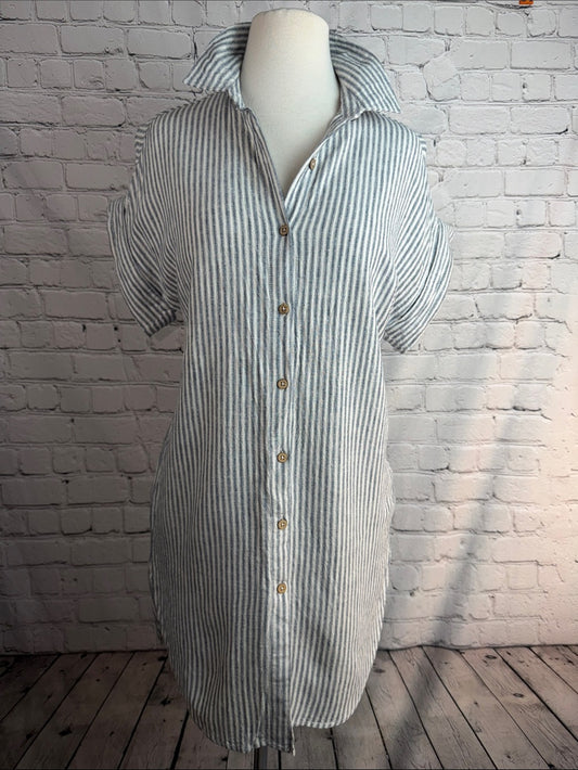 CABANA BY Casa Cabana Linen Blend Ivory & Blue Striped Shirt Dress | Coastal XS