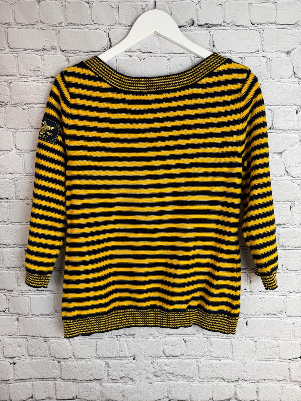 LRL Lauren Jeans Co Ribbed Striped Sweater Patches Crest LogoBoat Neck