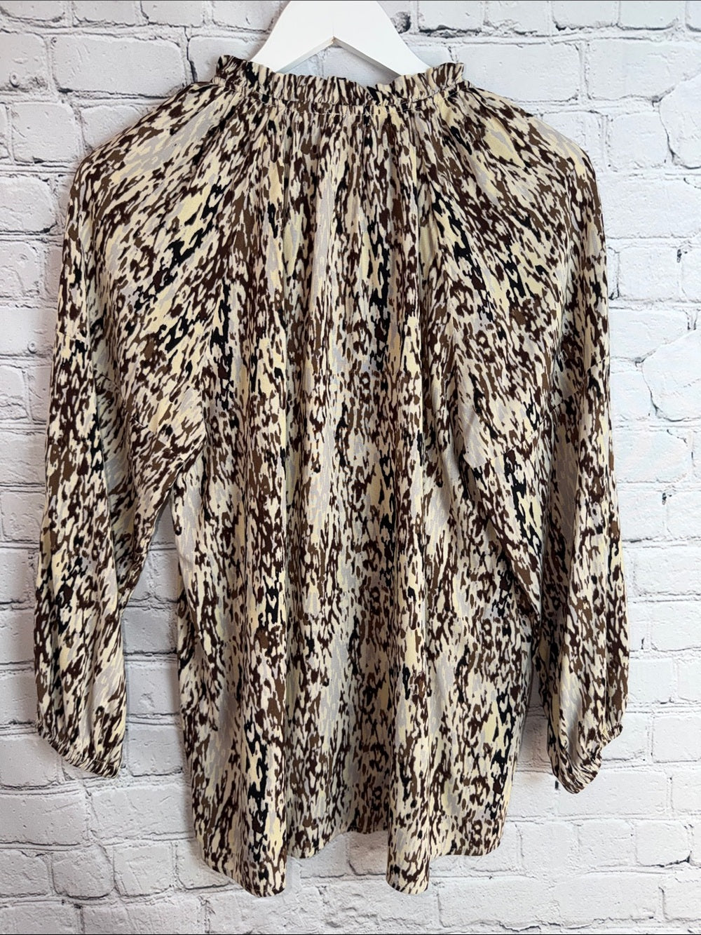 CASA CABANA Boho Peasant Blouse Brown Cream Print Tassel Tie Top S