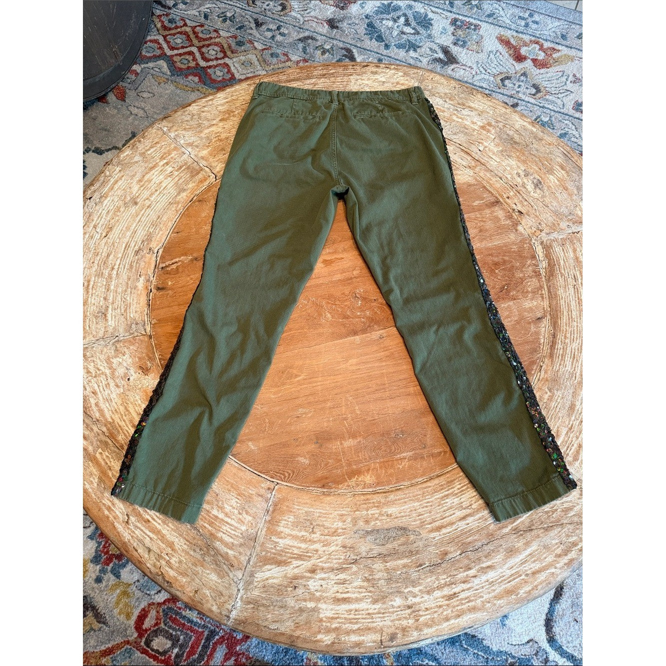 J CREW Sequin Side Stripe Chino Pants Olive Green Straight Leg