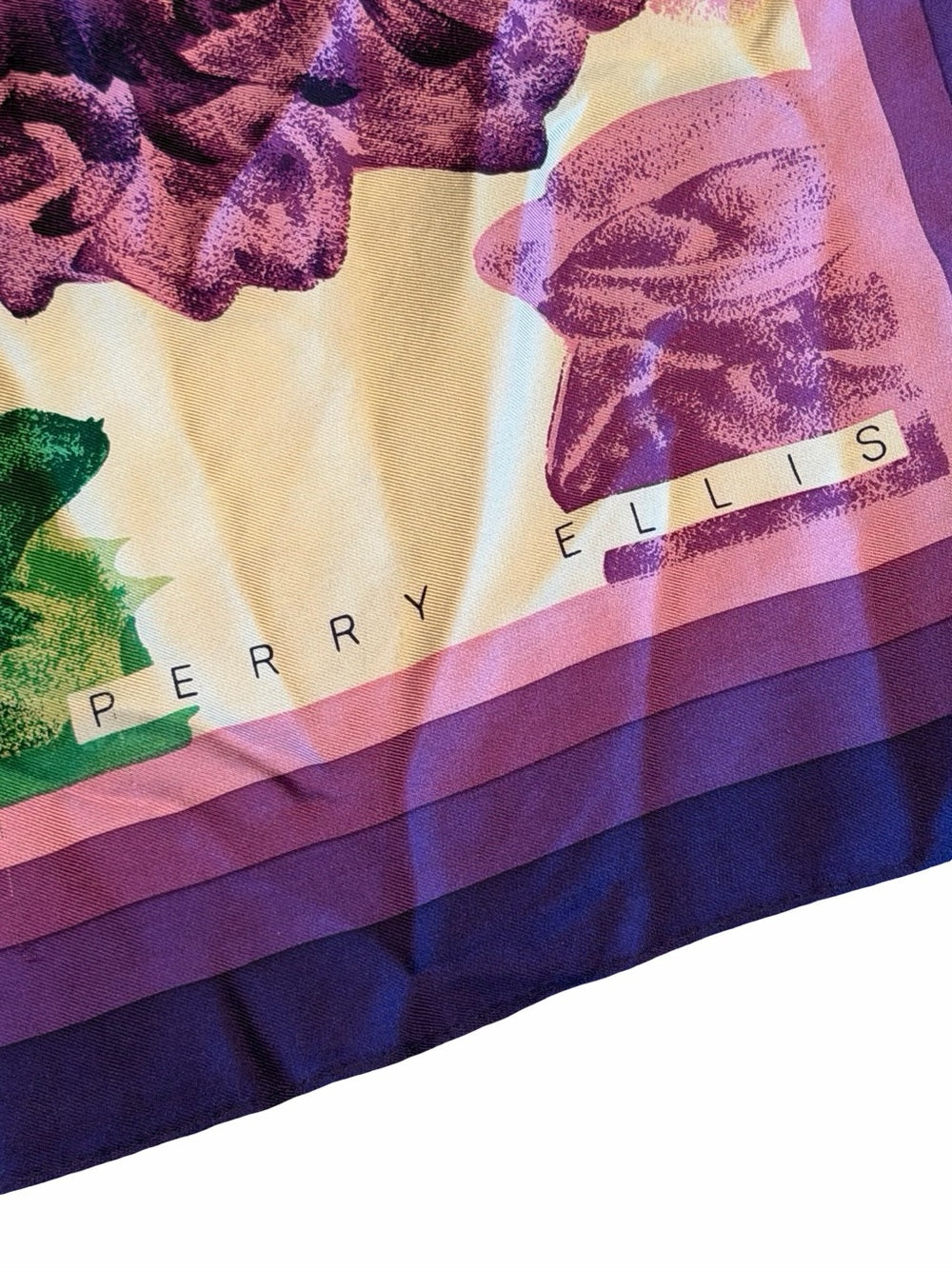 PERRY ELLIS Silk Floral Scarf Purple Ivory Green Square 38” Vintage!