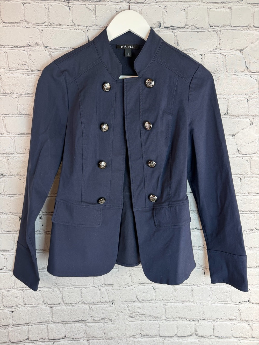 NAVY NAPOLEON JACKET Military Inspired Open Front Embellished Buttons Tailored