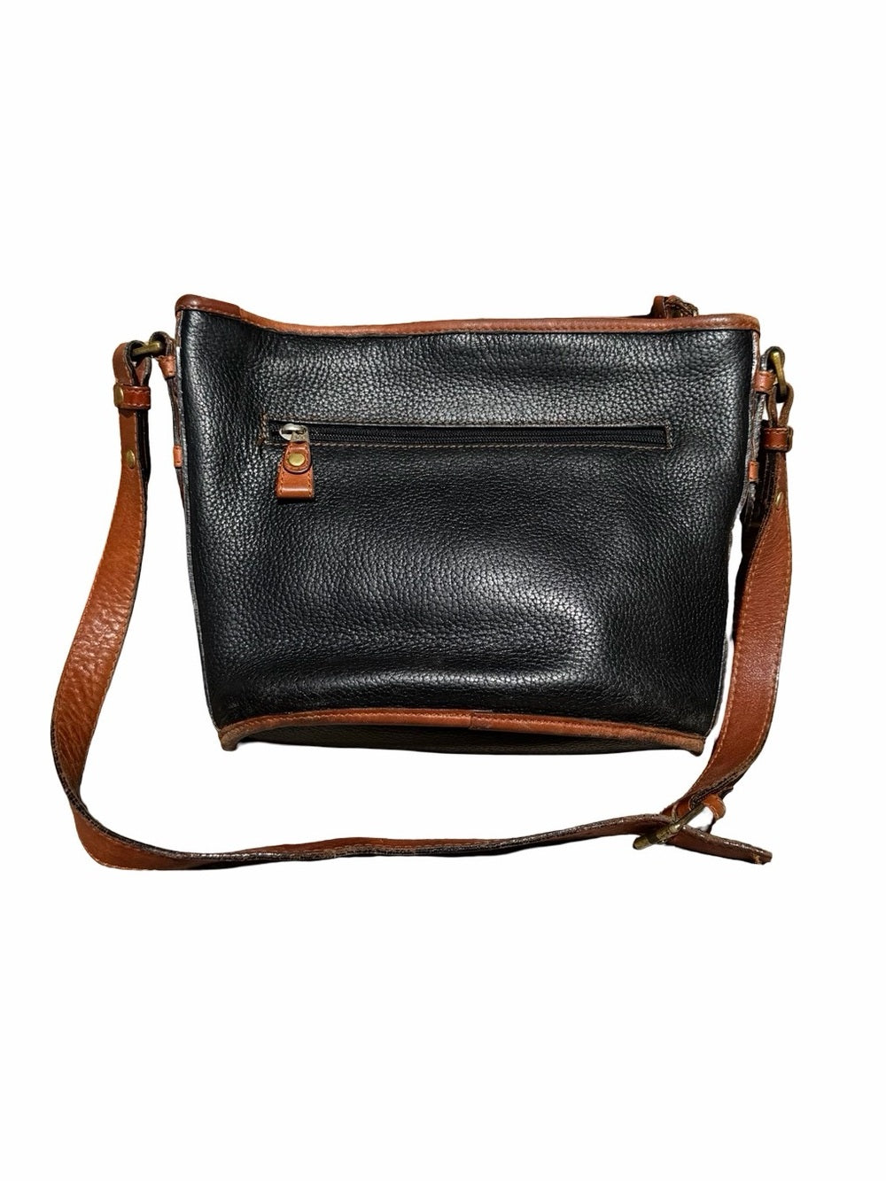LIZ CLAIBORNE Black Brown Leather Messenger Bag Crossbody Brass Hardware
