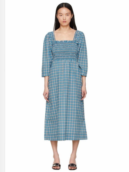 GIANNI Smocked Square Neck Blue Plaid Midi Dress COTTAGECORE
