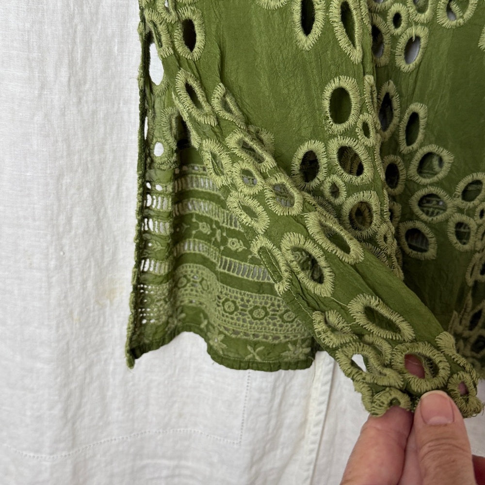 JOHNNY WAS LALLA Green Embroidered Eyelet Tunic Mini Dress Size XS