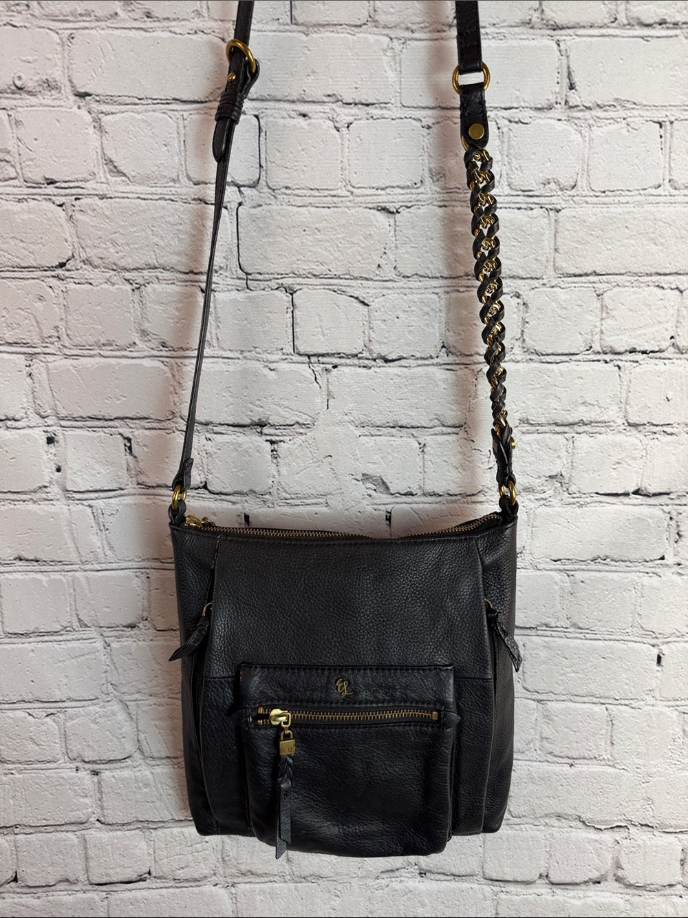 ELLIOTT LUCCA Black Leather GWEN Crossbody Bag Gold Hardware Messenger
