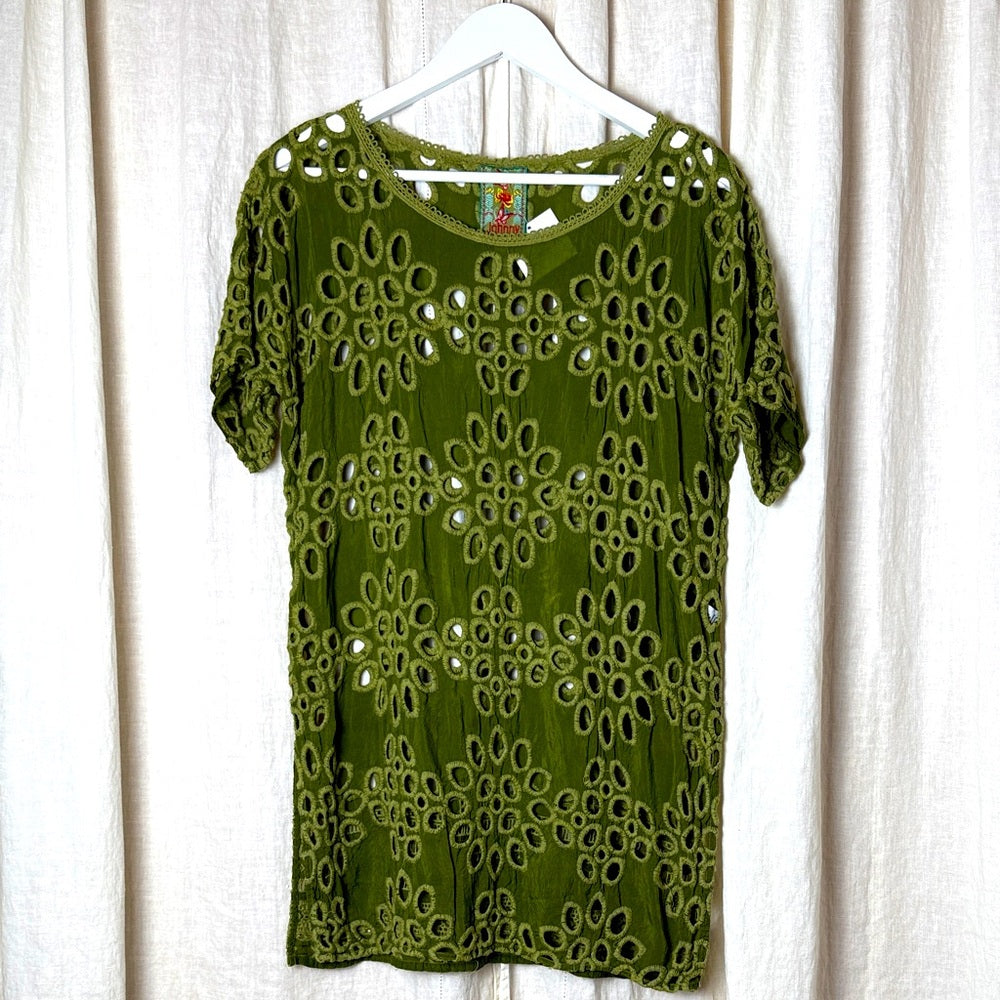 JOHNNY WAS LALLA Green Embroidered Eyelet Tunic Mini Dress Size XS
