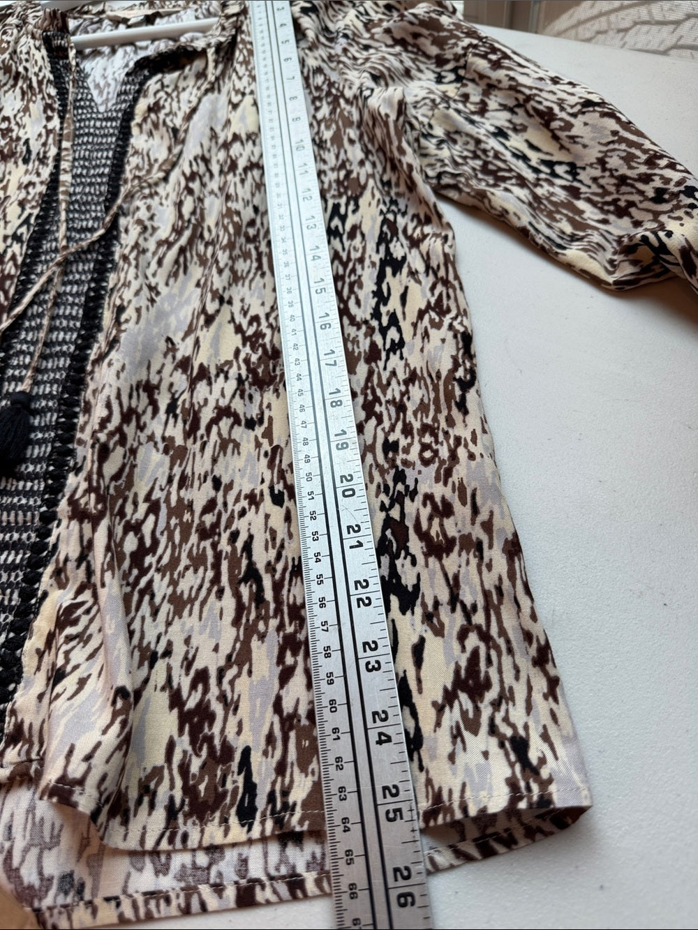 CASA CABANA Boho Peasant Blouse Brown Cream Print Tassel Tie Top S