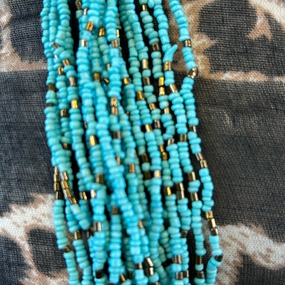 INDONESIAN Turquoise‎ Bronze Seed Bead Boho Necklace Wood Beads w/Clasp
