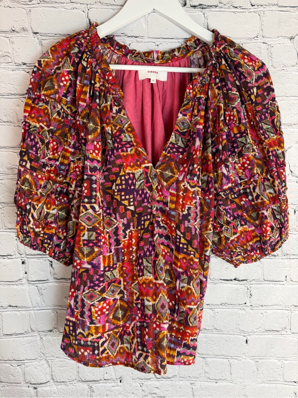 XIRENA Multicolor Geometric Blouse Puff Sleeve Lined Boho Chic M