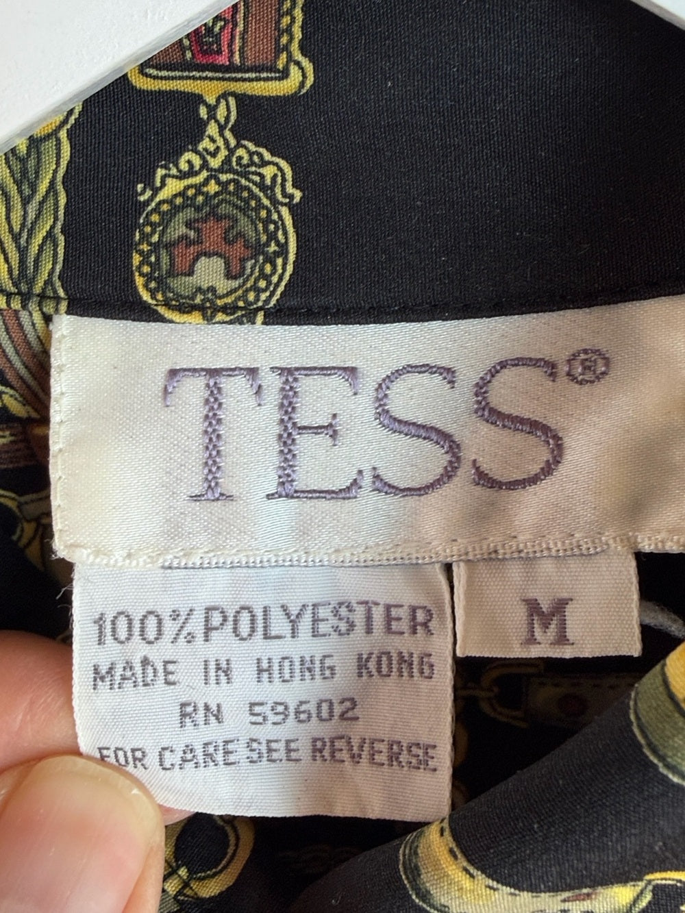 TESS Vintage Black Gold Chain Medallion Print Blouse Button Up M
