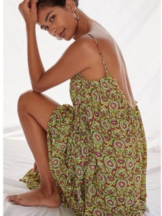 ANTHROPOLOGIE MALIKA Citron Raspberry Paisley Maxi Dress Low Back
