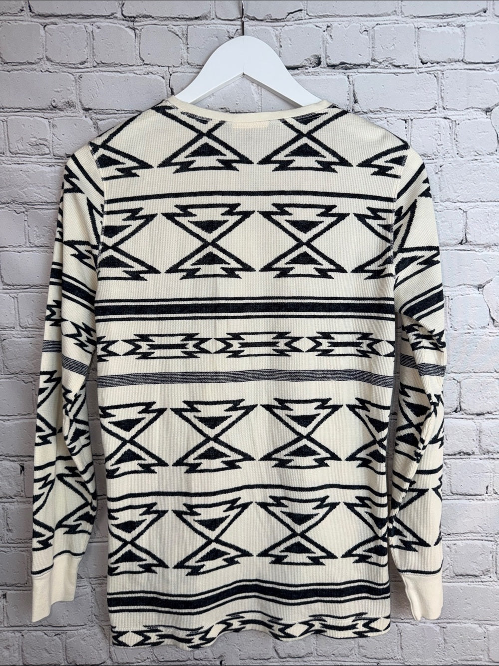 RALPH LAUREN Indigo Blue Cream Thermal Henley Waffle Knit Long Sleeve Top M