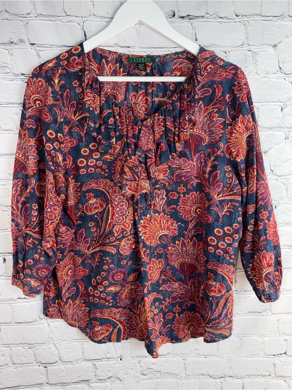 LAUREN RALPH LAUREN Navy Blouse with Red Paisley Print