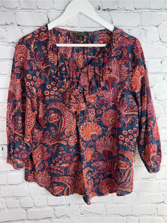 LAUREN RALPH LAUREN Navy Blouse with Red Paisley Print