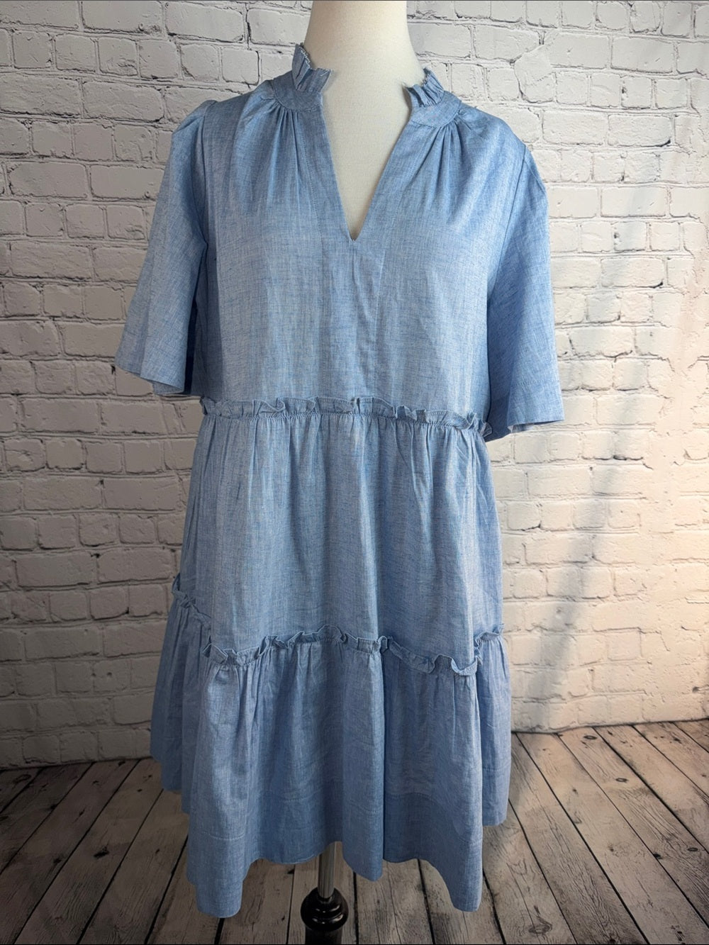 TUCKERNUCK Chambray Crawford Dress Cotton Linen Flutter Sleeve Size M