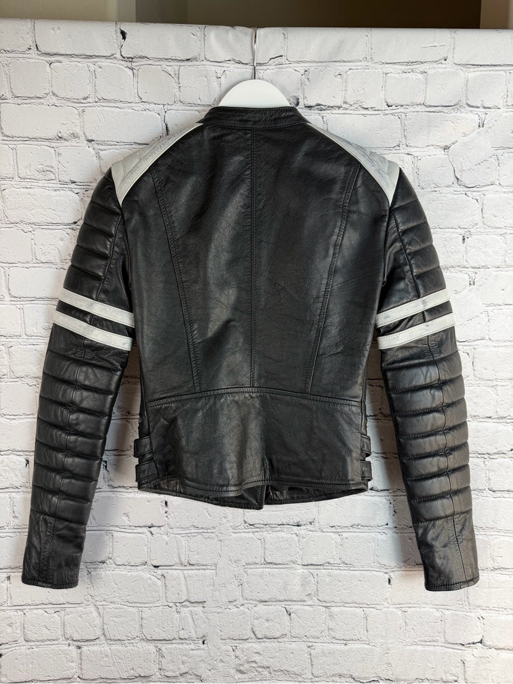 Rare Ralph Lauren Distressed Moto Leather Jacket Black/White Striped