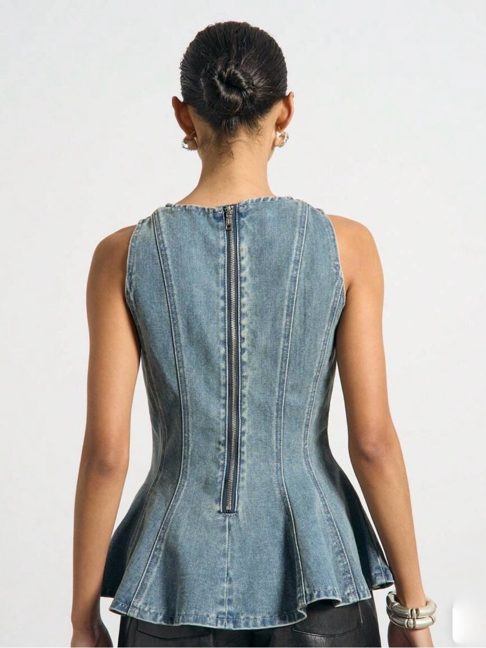 AIIRZ Sleeveless Denim Peplum Top | Corset Panel Tank | Zip-Back | Y2K M
