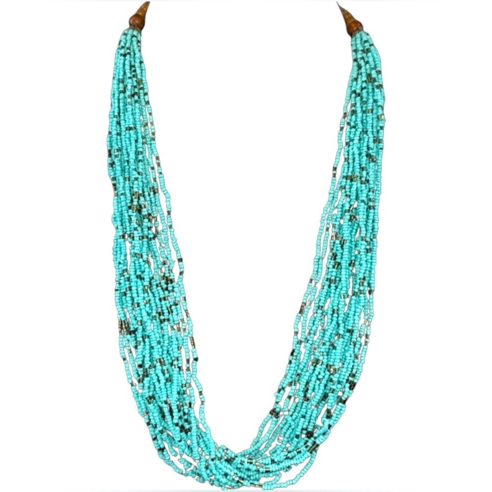 INDONESIAN Turquoise‎ Bronze Seed Bead Boho Necklace Wood Beads w/Clasp