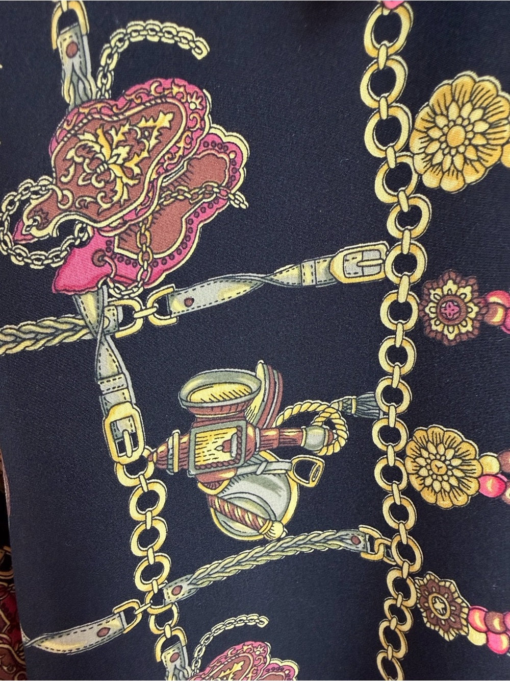 TESS Vintage Black Gold Chain Medallion Print Blouse Button Up M