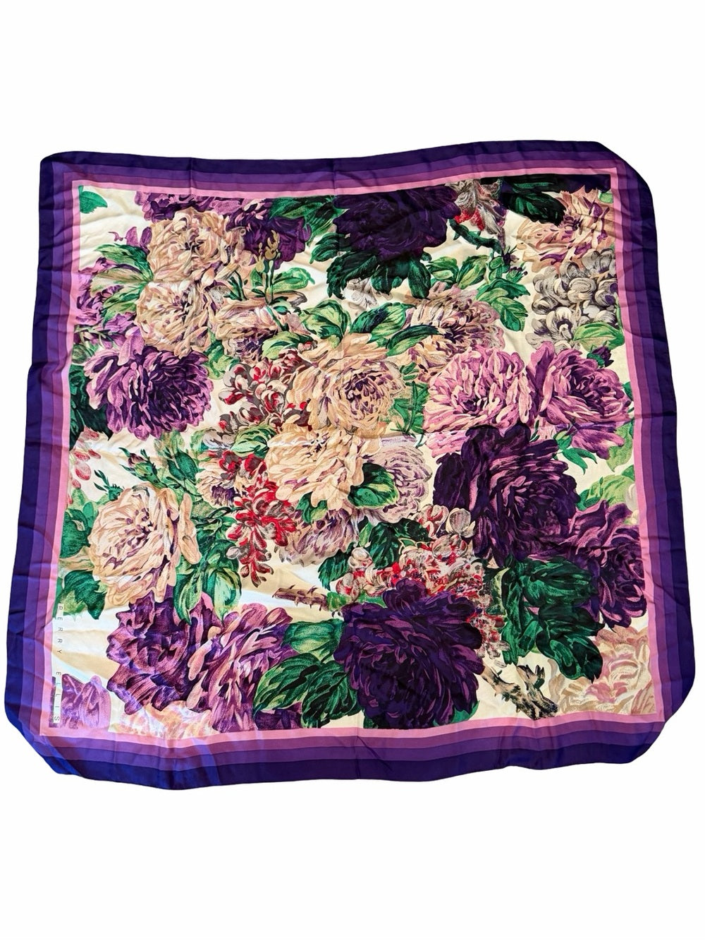 PERRY ELLIS Silk Floral Scarf Purple Ivory Green Square 38” Vintage!