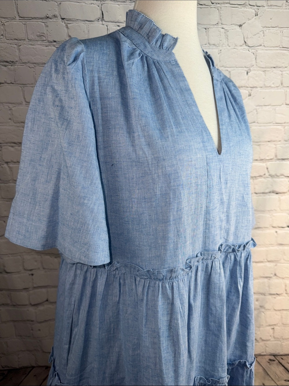 TUCKERNUCK Chambray Crawford Dress Cotton Linen Flutter Sleeve Size M