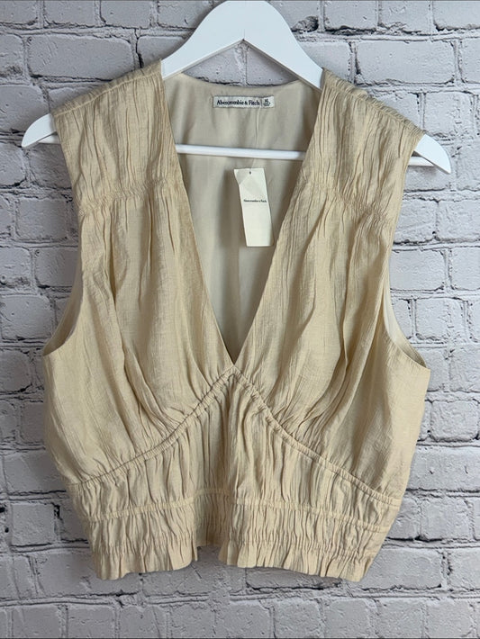 Abercrombie & Fitch Light Cream V-Neck Gathered Sleeveless Crop Top