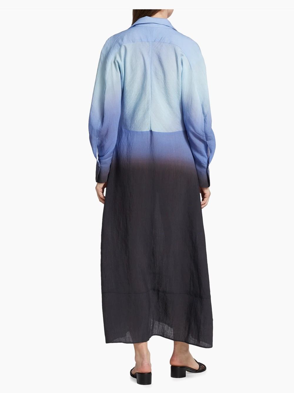 Ombre Blue to Black Long Button-Front Shirt Dress