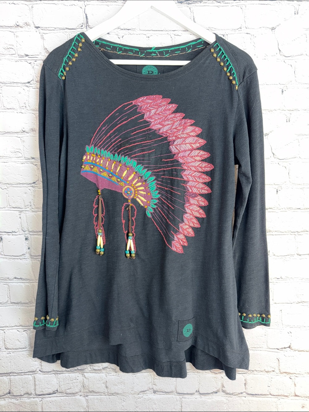 DOUBLE D Boho Feather Headdress Embroidered Top Charcoal XS Oversized