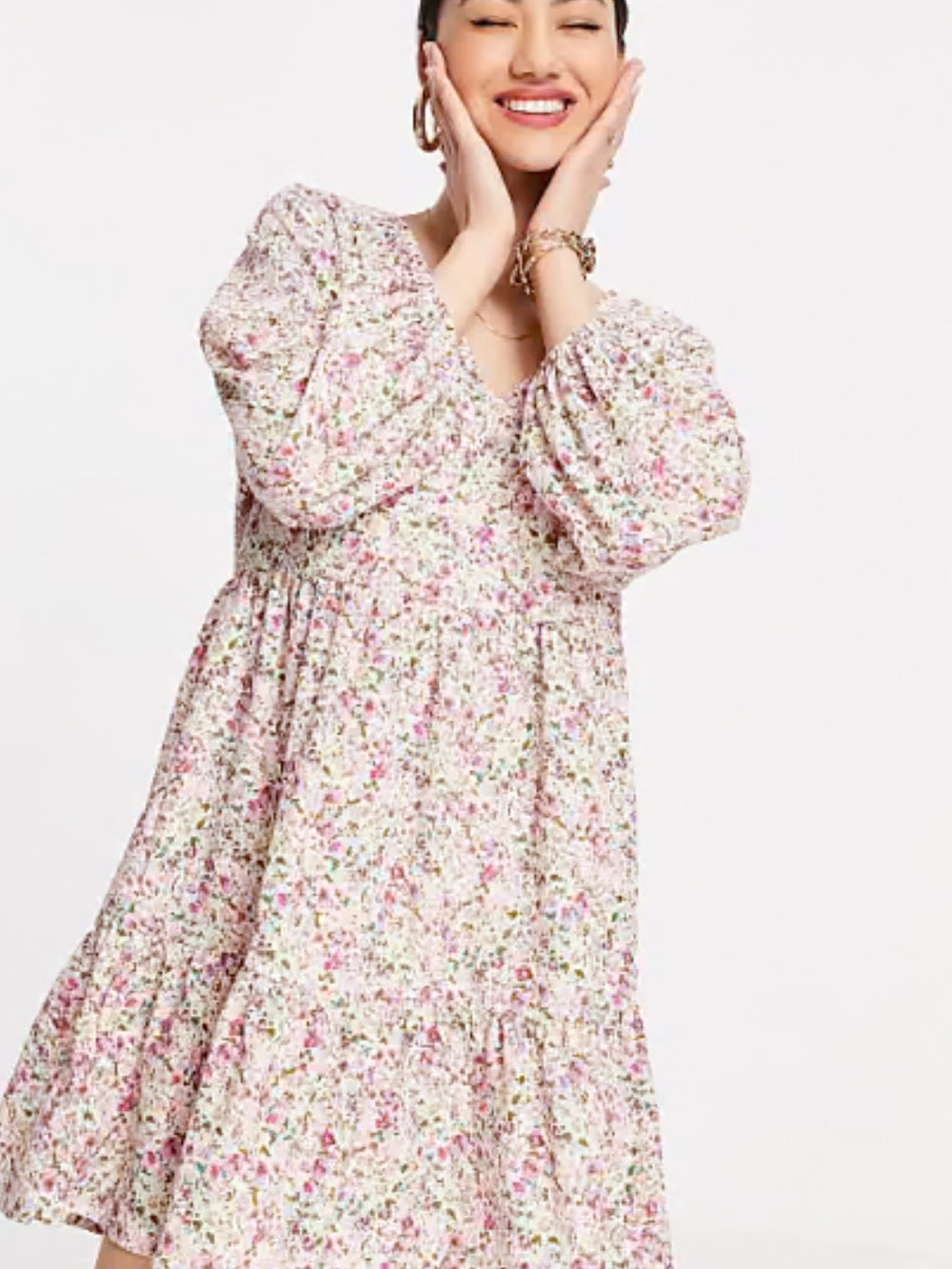 MANGO Pink Ditsy Floral Mini Smock Dress Cream V Neck Tiered XL