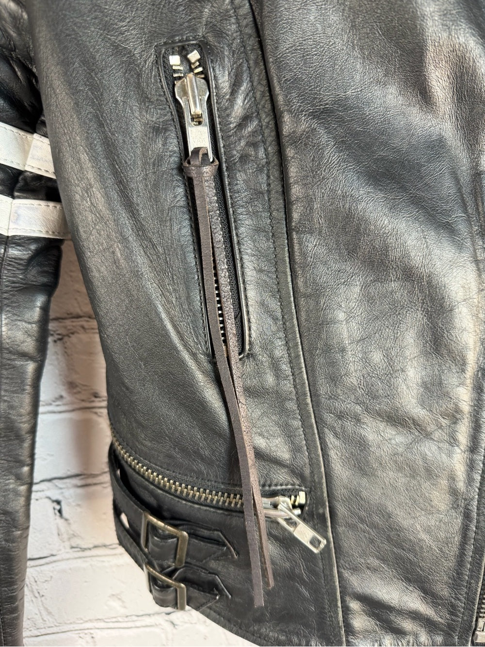 Rare Ralph Lauren Distressed Moto Leather Jacket Black/White Striped
