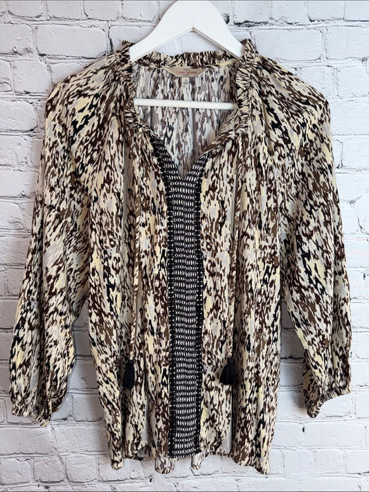 CASA CABANA Boho Peasant Blouse Brown Cream Print Tassel Tie Top S