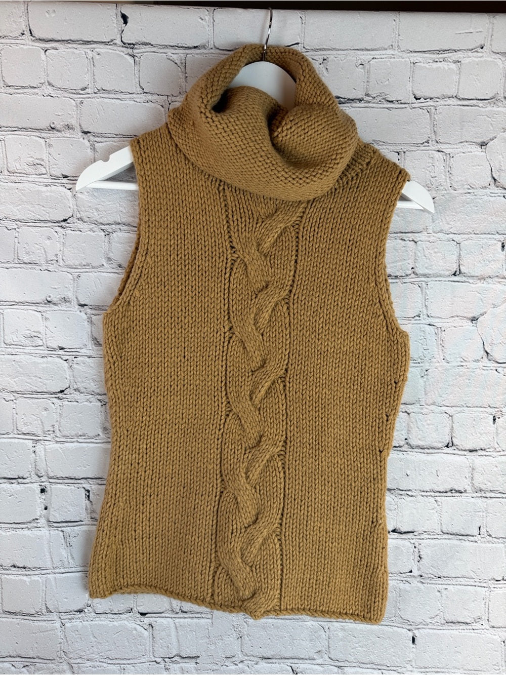 ICB Camel Chunky Hand Knit Cowl Neck Sweater Vest Sleeveless M