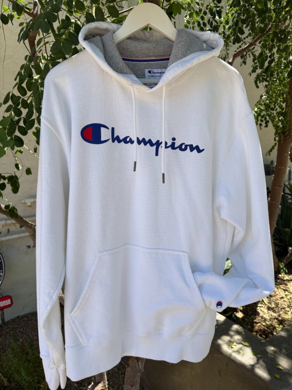 CHAMPION White Blue Script Logo Embroidered Pullover Hoodie Men's Unisex Size L