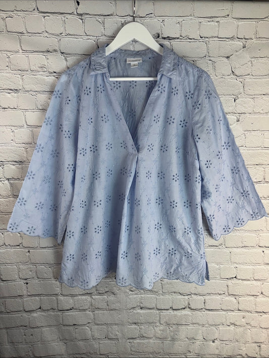 Lavender Blue Eyelet Embroidered Blouse V-Neck Scalloped Sleeve Top XL