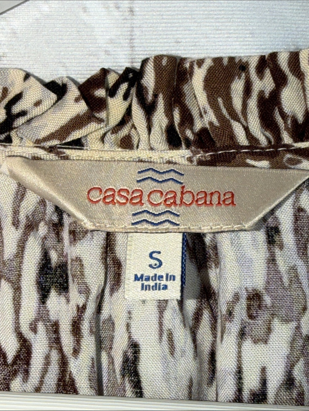 CASA CABANA Boho Peasant Blouse Brown Cream Print Tassel Tie Top S