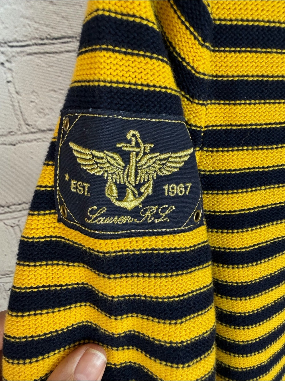 LRL Lauren Jeans Co Ribbed Striped Sweater Patches Crest LogoBoat Neck