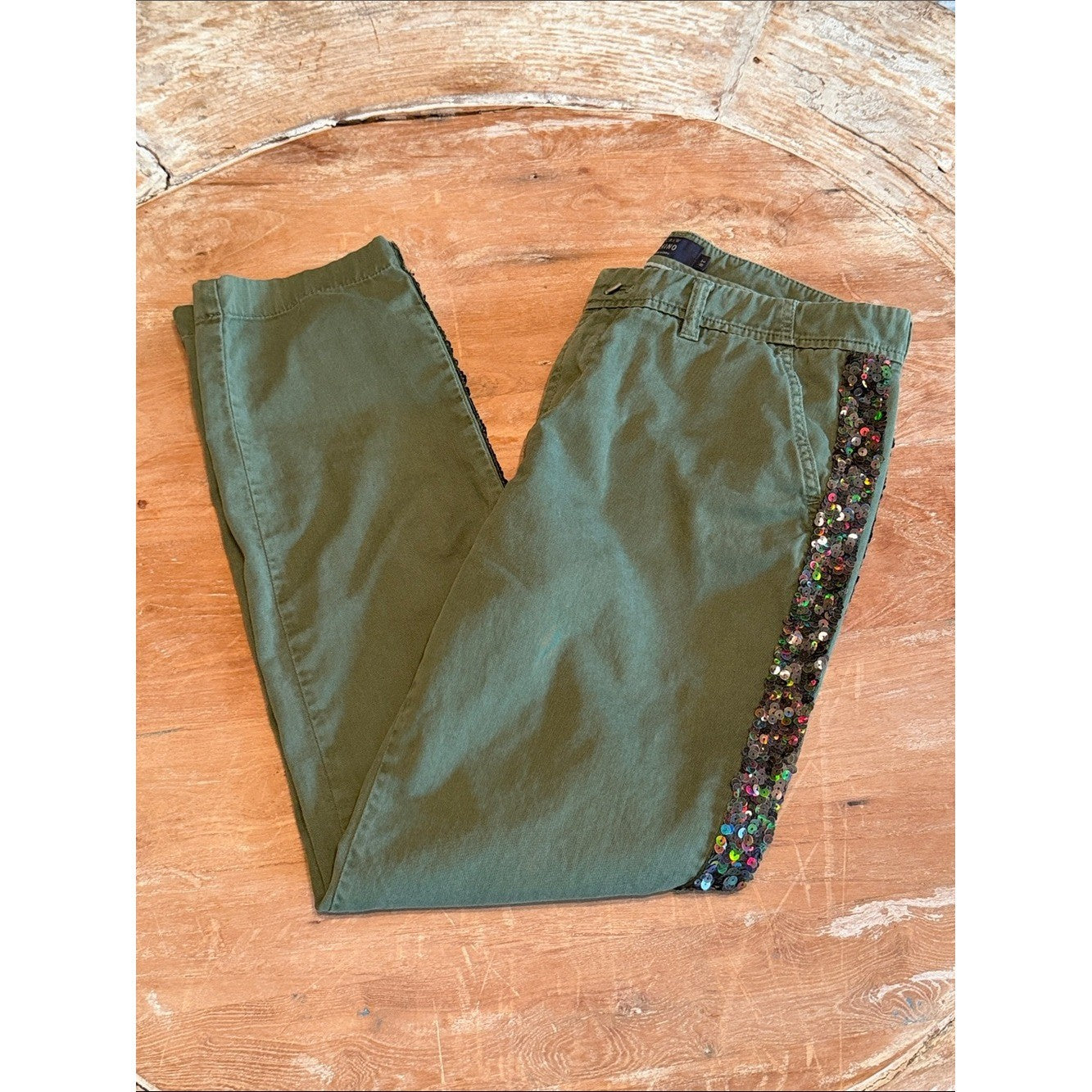 J CREW Sequin Side Stripe Chino Pants Olive Green Straight Leg
