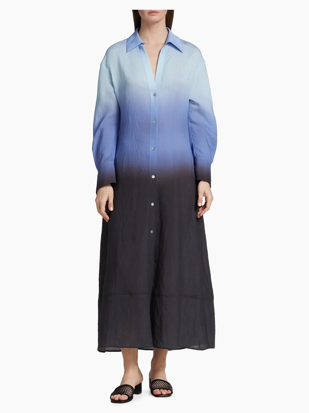 Ombre Blue to Black Long Button-Front Shirt Dress