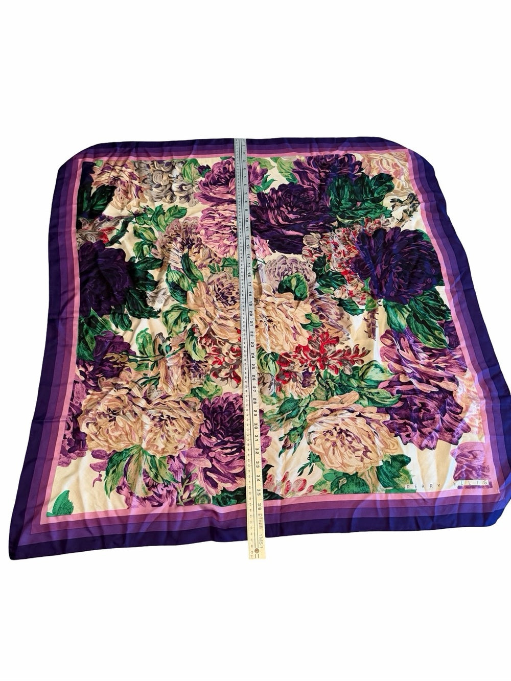 PERRY ELLIS Silk Floral Scarf Purple Ivory Green Square 38” Vintage!