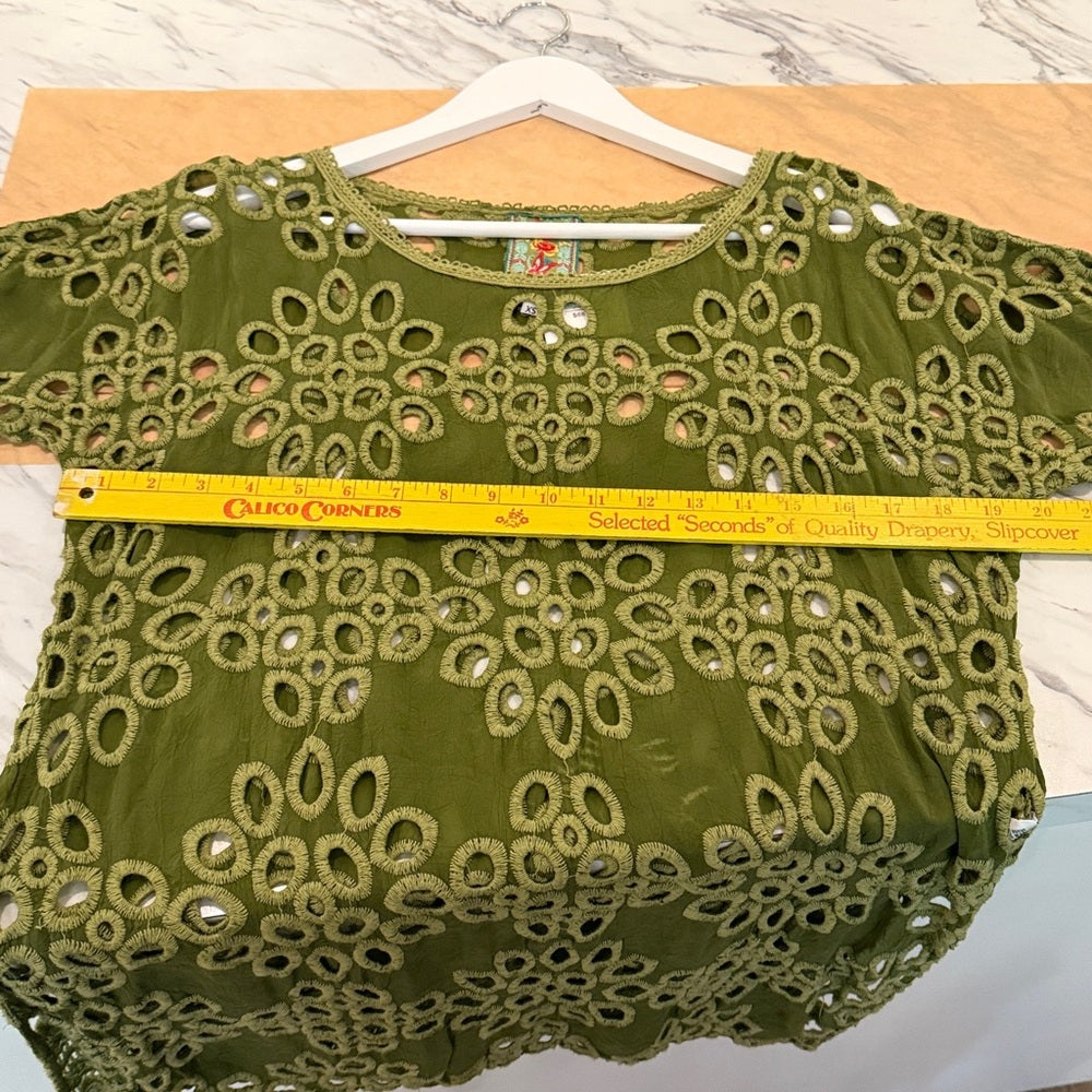 JOHNNY WAS LALLA Green Embroidered Eyelet Tunic Mini Dress Size XS