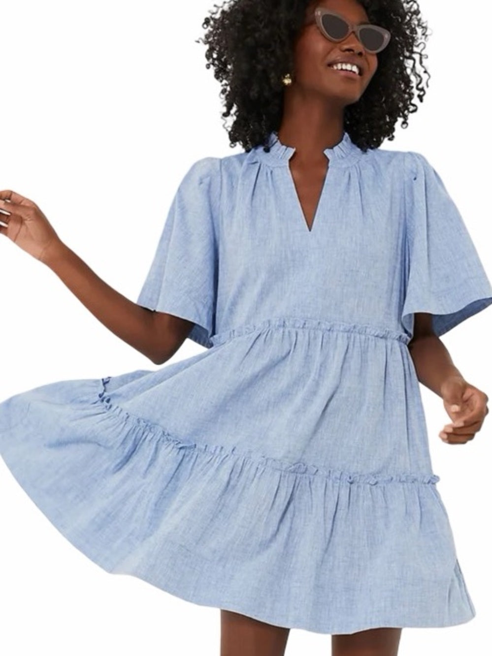 TUCKERNUCK Chambray Crawford Dress Cotton Linen Flutter Sleeve Size M
