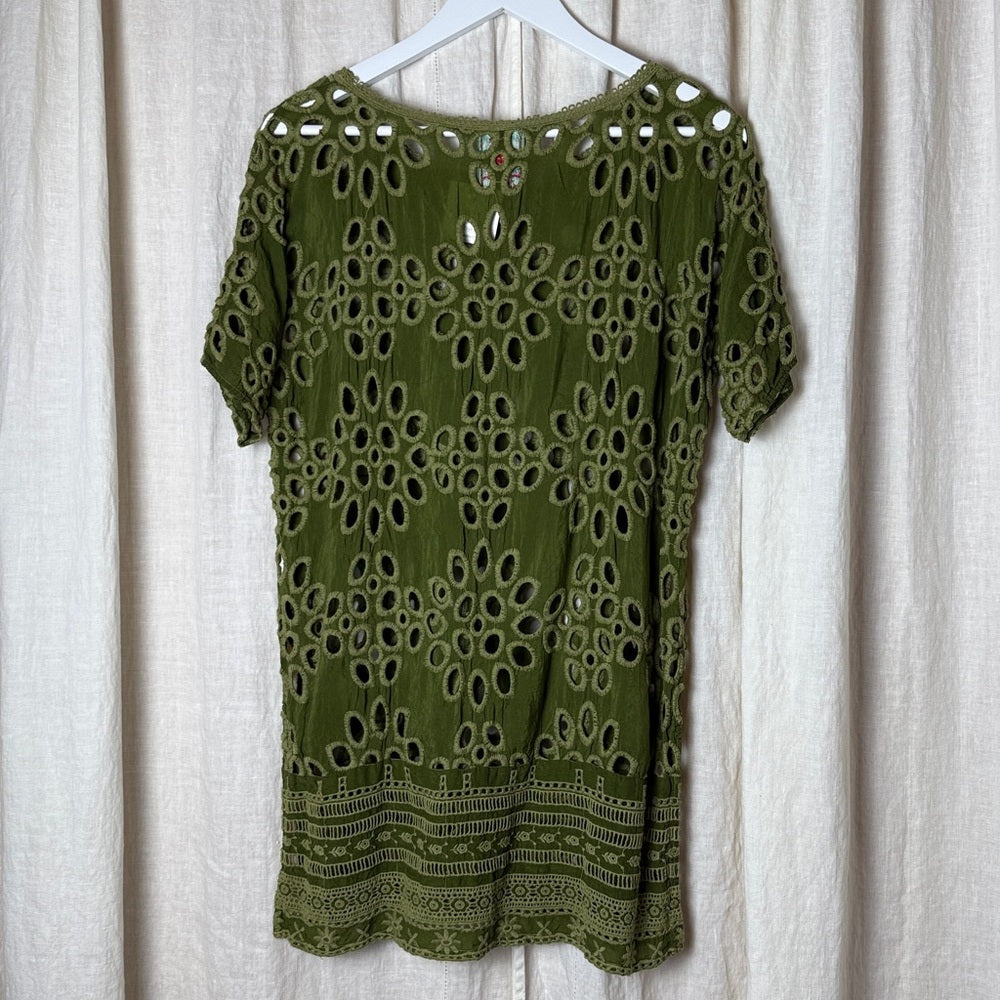 JOHNNY WAS LALLA Green Embroidered Eyelet Tunic Mini Dress Size XS