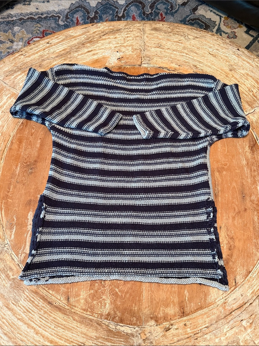 VINTAGE Patchwork Stripe Crewneck Sweater in Navy and Light Blue