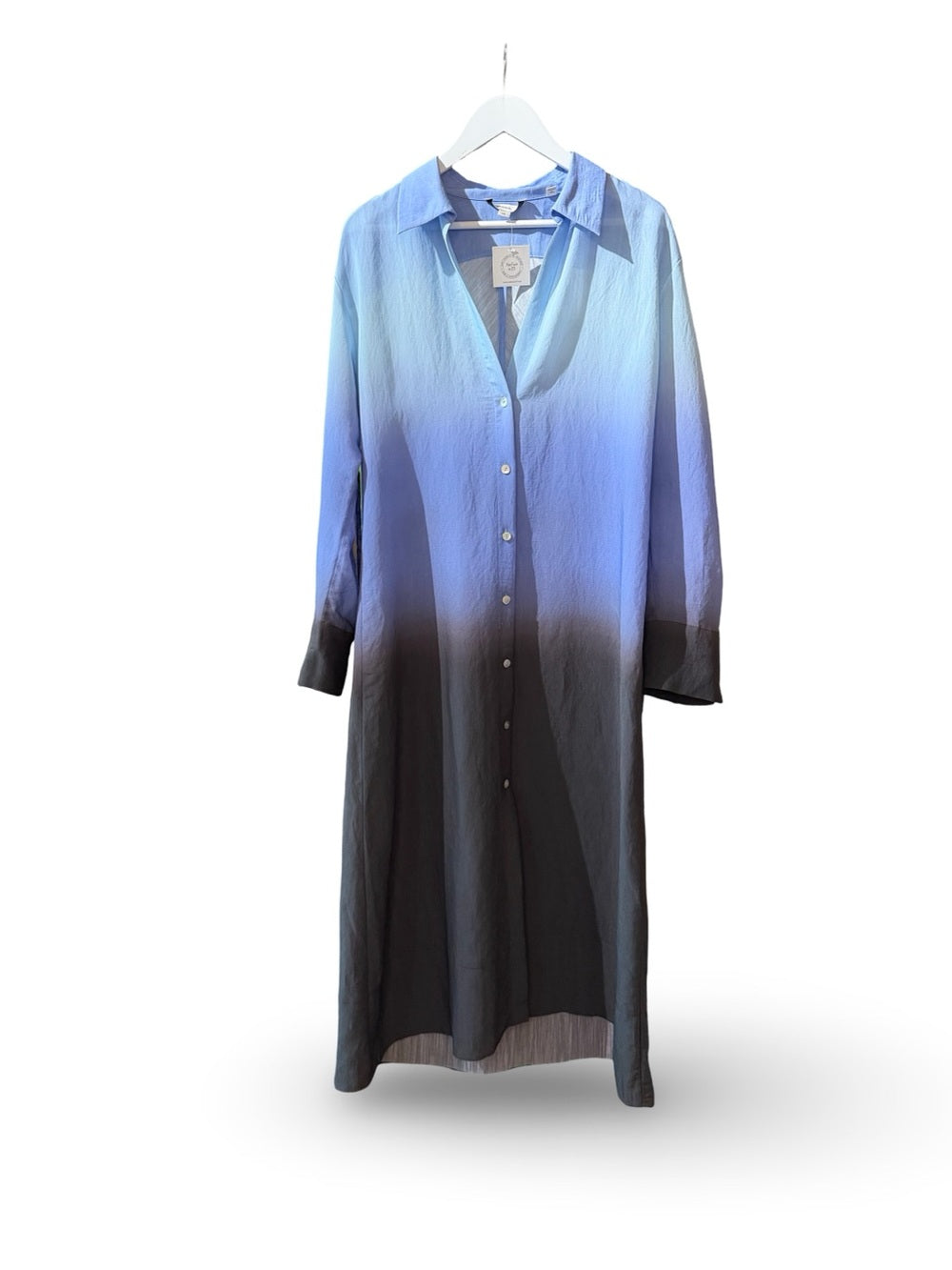 Ombre Blue to Black Long Button-Front Shirt Dress