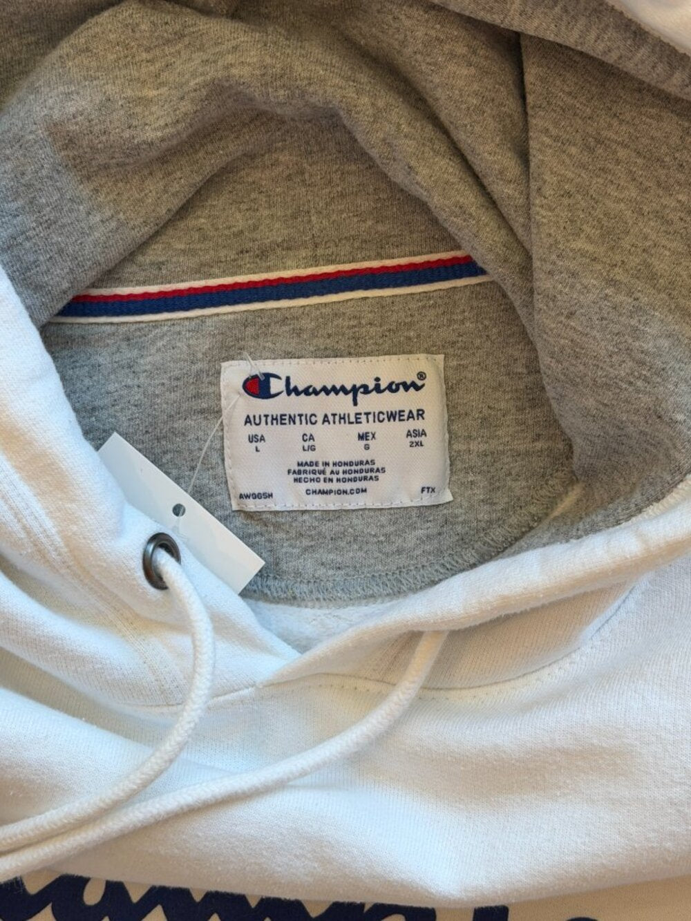 CHAMPION White Blue Script Logo Embroidered Pullover Hoodie Men's Unisex Size L